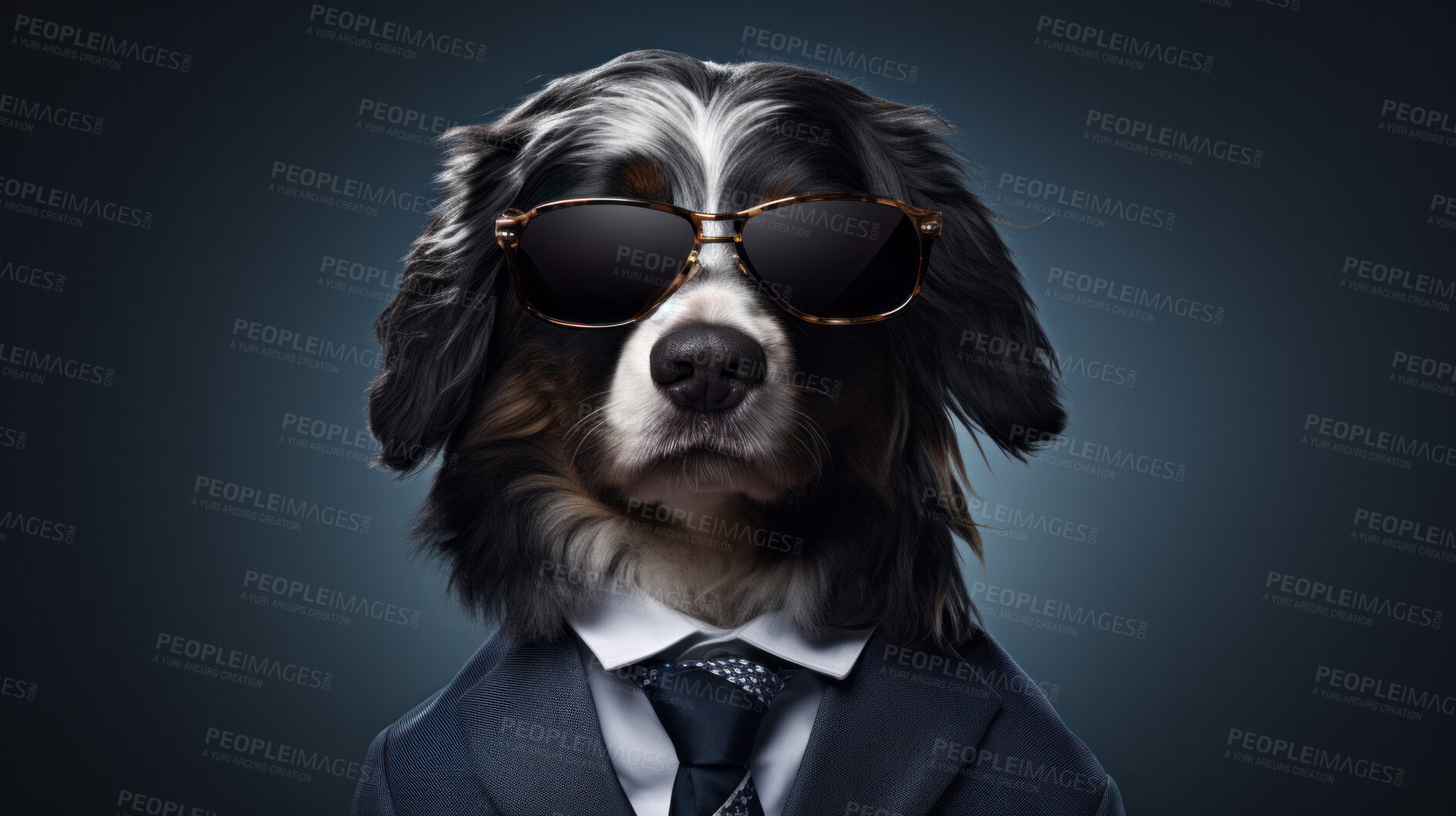 Buy stock photo Cool dog wearing a suit, tie and sunglasses. Pet dressed as bodyguard or secret agent