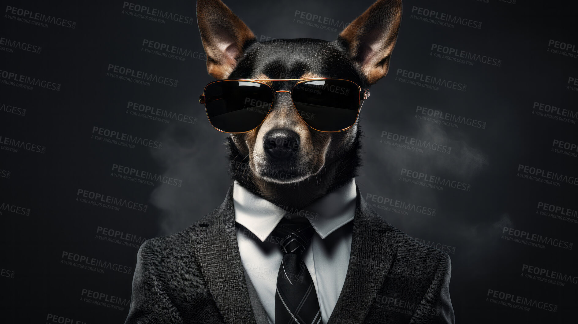 Buy stock photo Cool dog wearing a suit, tie and sunglasses. Pet dressed as bodyguard or secret agent