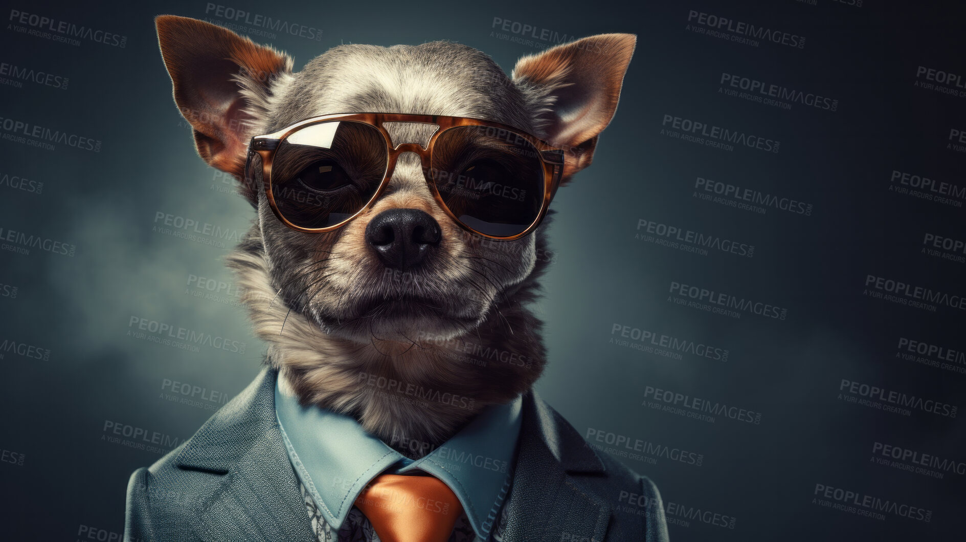 Buy stock photo Cool dog wearing a suit, tie and sunglasses. Pet dressed as bodyguard or secret agent