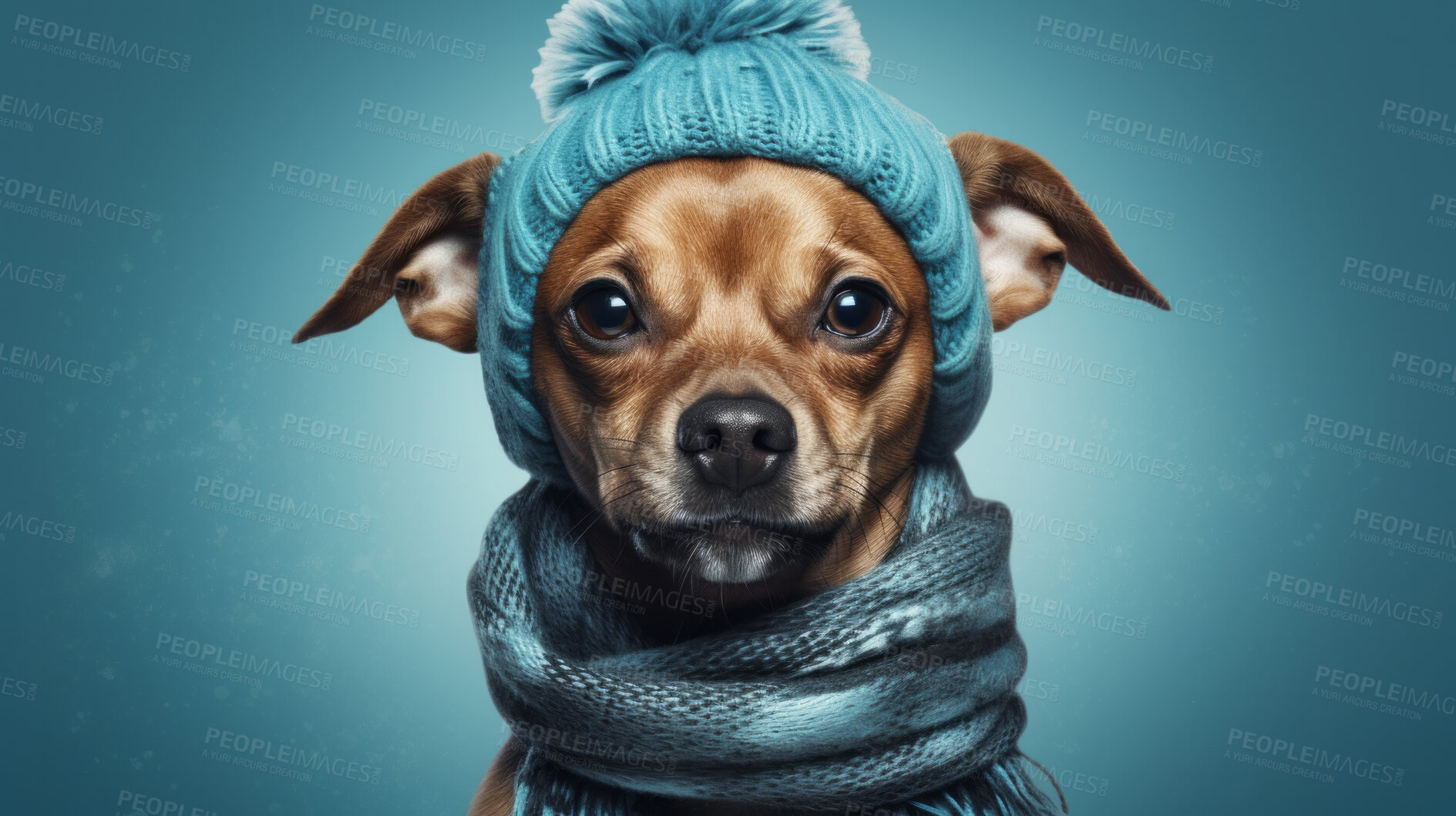 Buy stock photo Dog wearing beanie cap and scarf. Portrait of pet dressed for autumn or winter