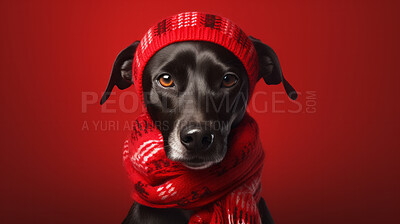 Dog wearing beanie cap and scarf. Portrait of pet dressed for autumn or winter