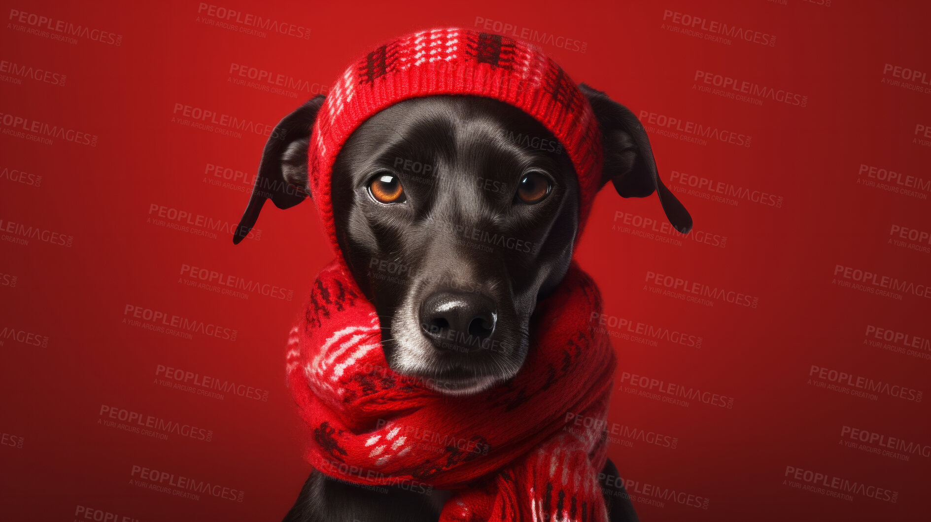 Buy stock photo Dog wearing beanie cap and scarf. Portrait of pet dressed for autumn or winter