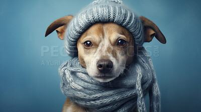 Dog wearing beanie cap and scarf. Portrait of pet dressed for autumn or winter