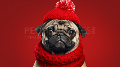 Buy stock photo Dog wearing beanie cap and scarf. Portrait of pet dressed for autumn or winter