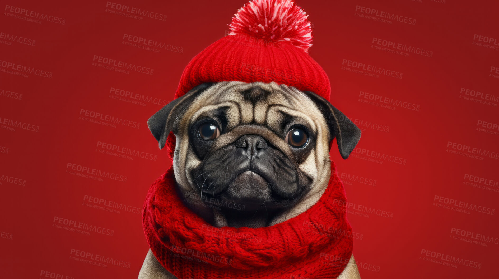 Buy stock photo Dog wearing beanie cap and scarf. Portrait of pet dressed for autumn or winter