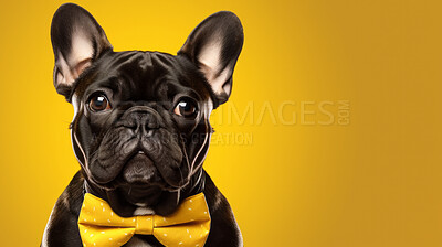 Portrait of dog wearing a bowtie. Pet posing against a yellow background