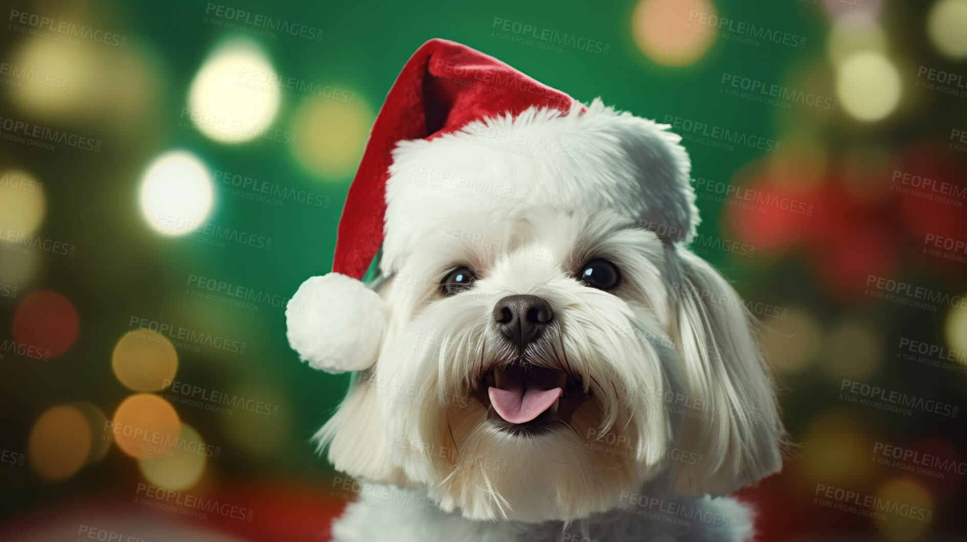 Buy stock photo Portrait of a dog wearing christmas hat. Pet dressed for christmas celebration