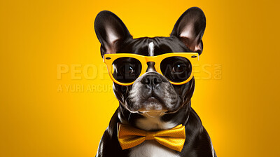 Portrait of dog wearing a bowtie and sunglasses. Pet posing against a yellow background