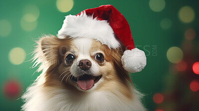 Portrait of a dog wearing christmas hat. Pet dressed for christmas celebration
