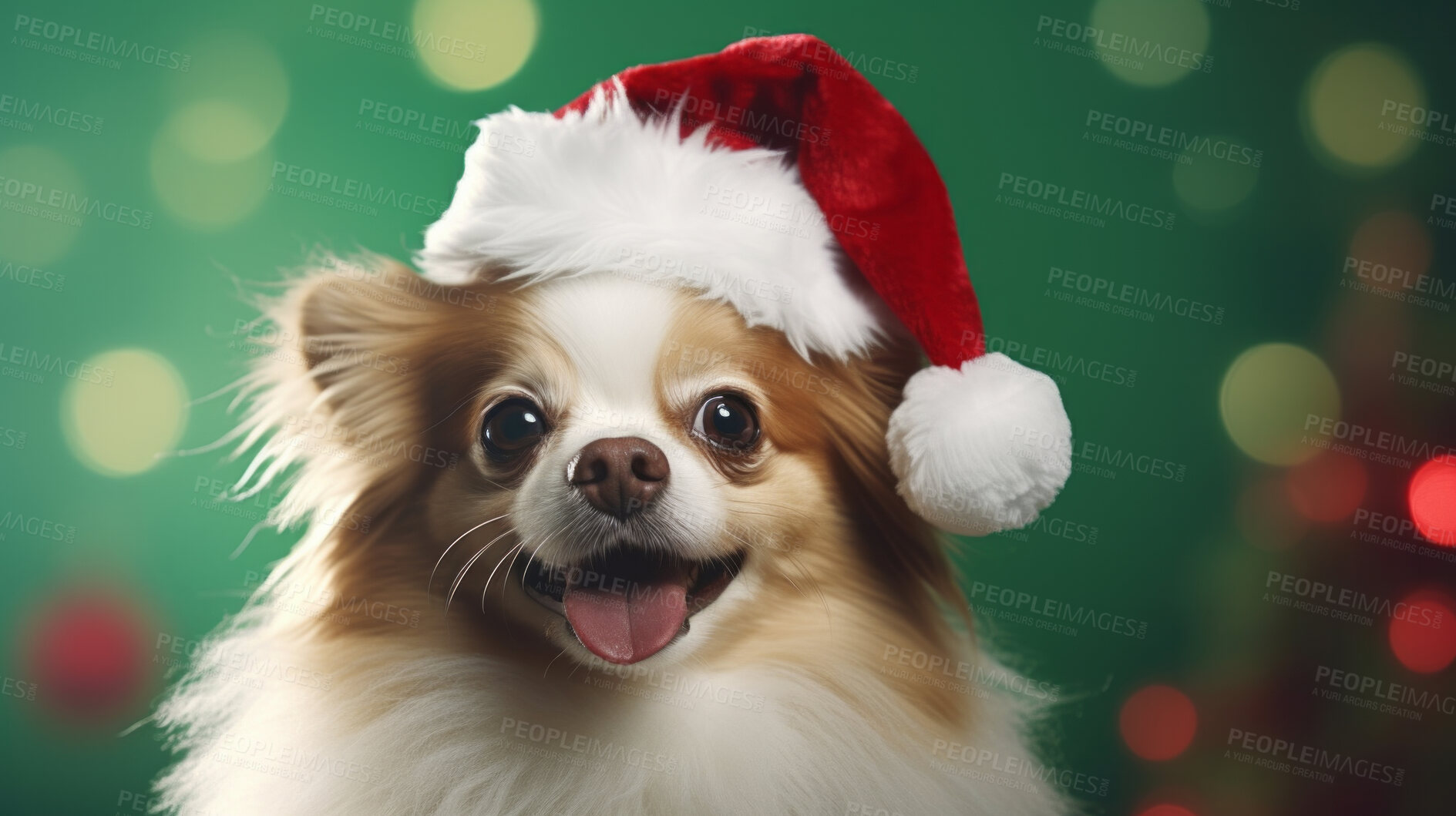 Buy stock photo Portrait of a dog wearing christmas hat. Pet dressed for christmas celebration