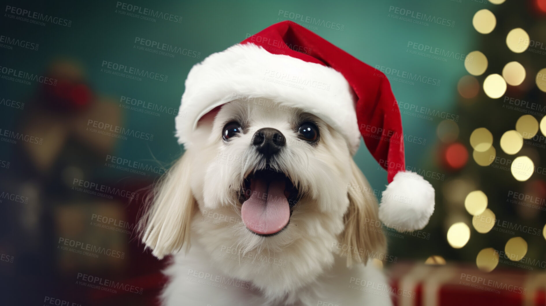 Buy stock photo Portrait of a dog wearing christmas hat. Pet dressed for christmas celebration