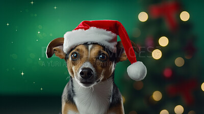 Buy stock photo Portrait of a dog wearing christmas hat. Pet dressed for christmas celebration