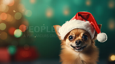 Portrait of a dog wearing christmas hat. Pet dressed for christmas celebration