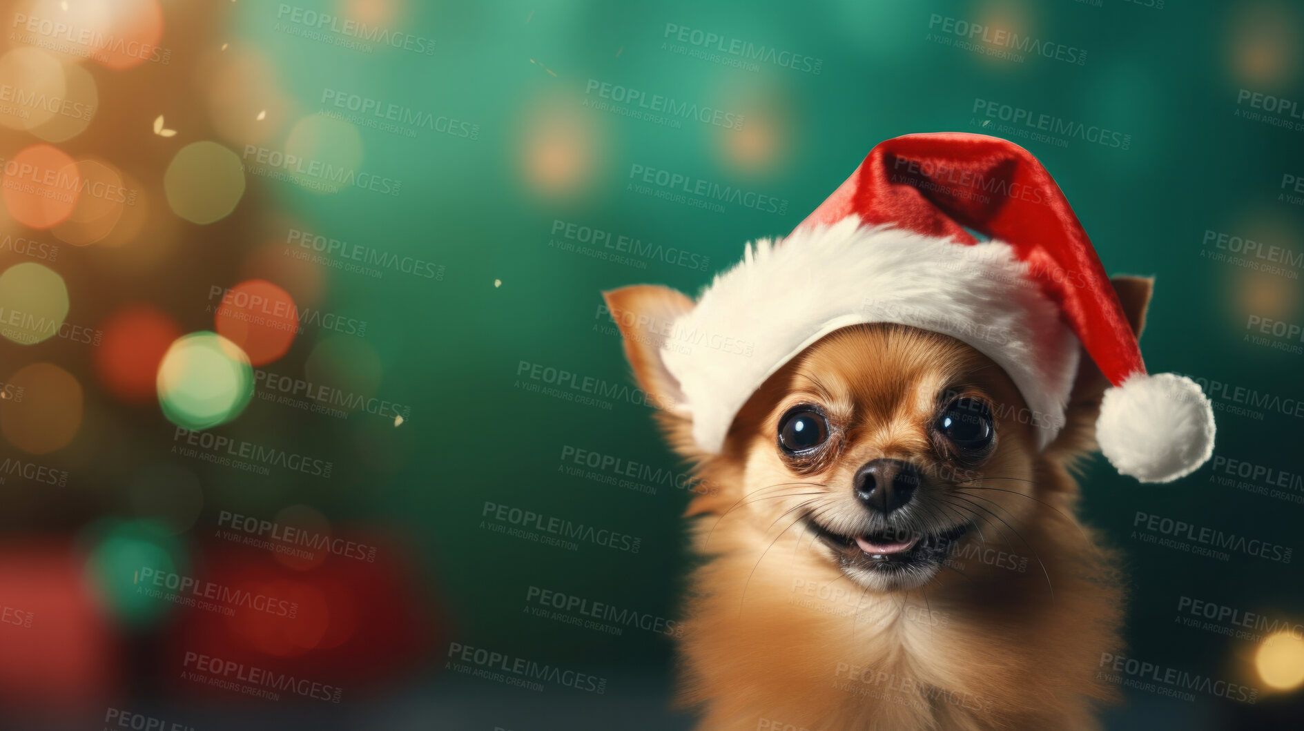 Buy stock photo Portrait of a dog wearing christmas hat. Pet dressed for christmas celebration