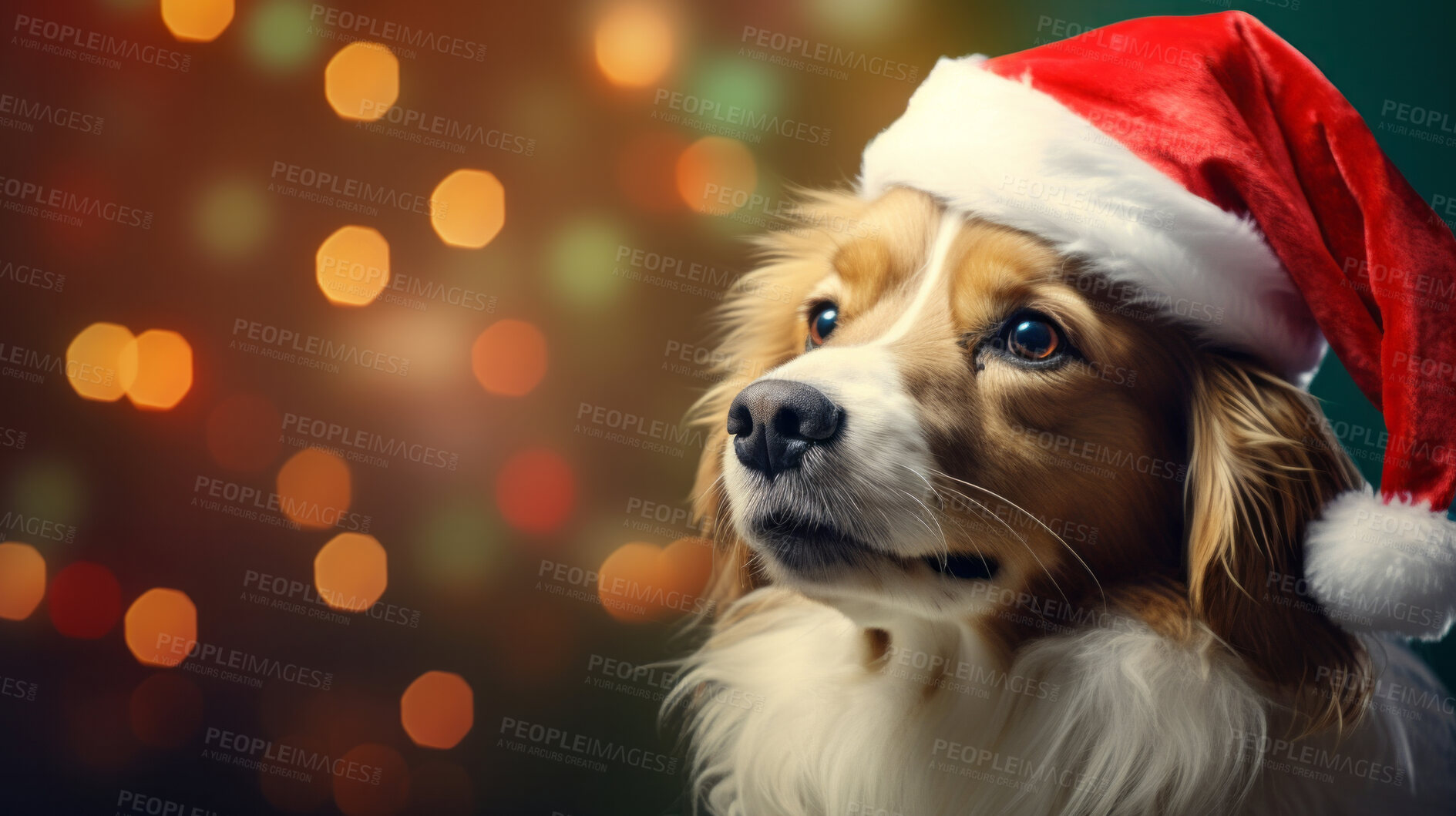 Buy stock photo Portrait of a dog wearing christmas hat. Pet dressed for christmas celebration