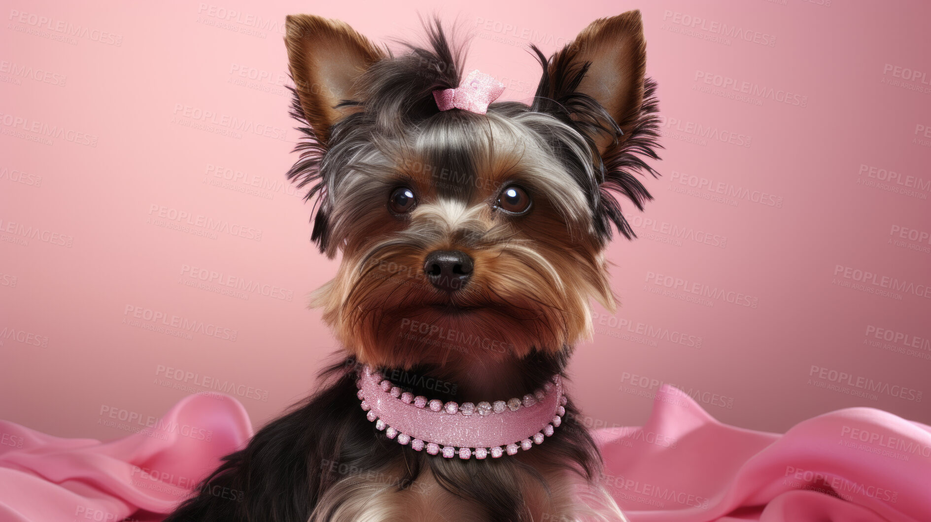 Buy stock photo Portrait of a yorkie wearing accessories. Groomed dog posing against pink background