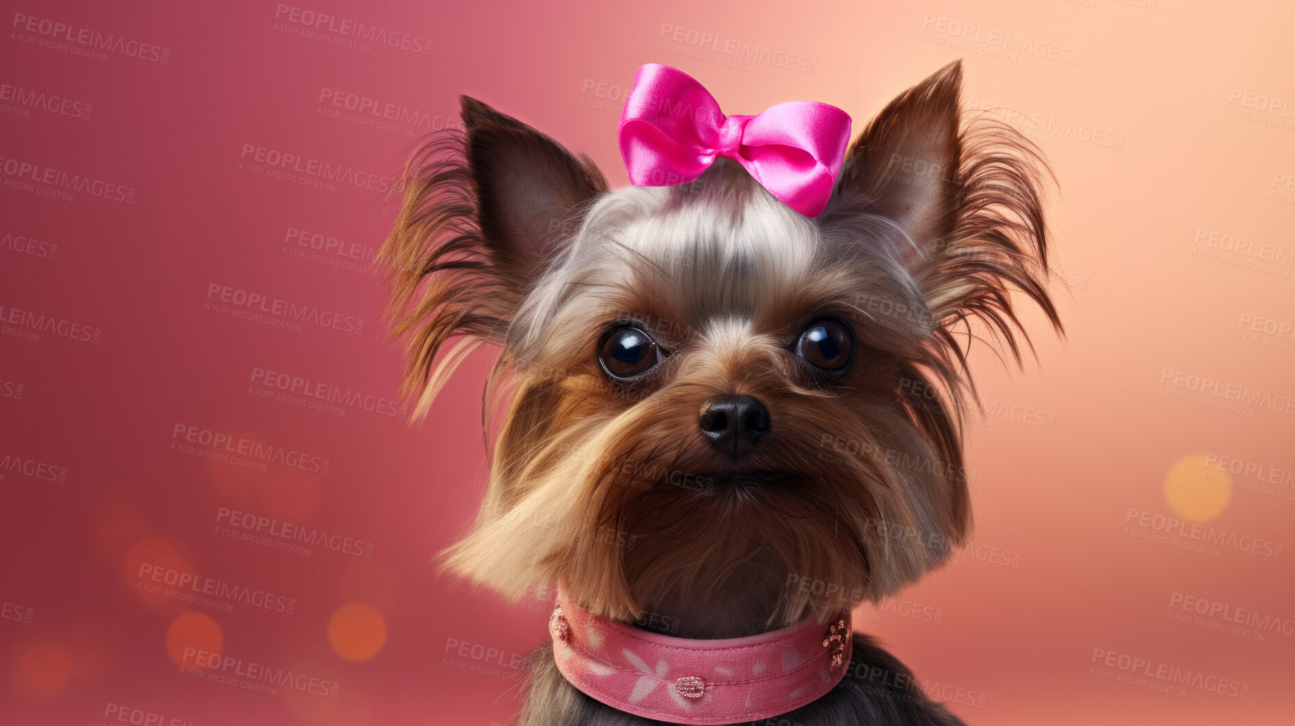 Buy stock photo Portrait of a yorkie wearing accessories. Groomed dog posing against pink background