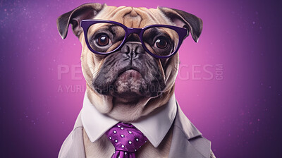 Portrait of a dog wearing a suit, tie and glasses. Pet dressed in business attire