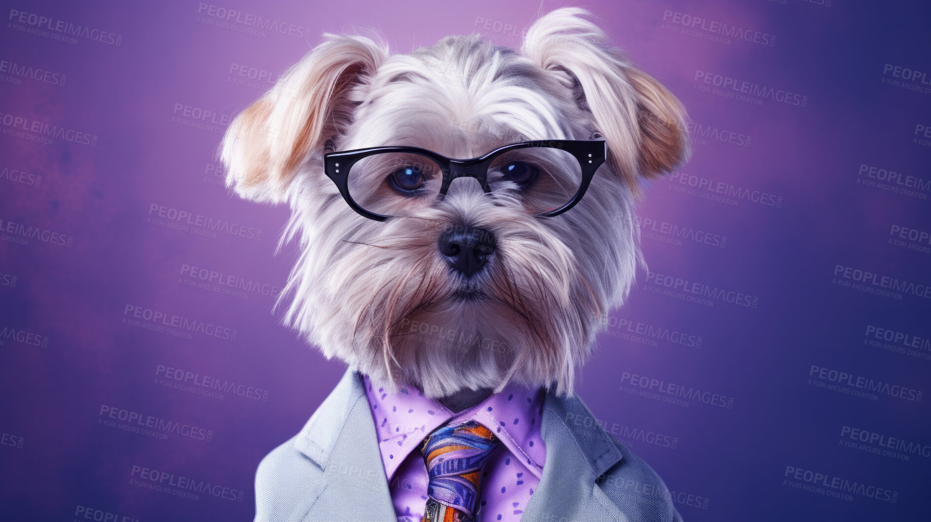 Buy stock photo Portrait of a dog wearing a suit, tie and glasses. Pet dressed in business attire