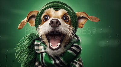 Dog wearing beanie cap and scarf. Portrait of happy dog dressed for autumn or winter