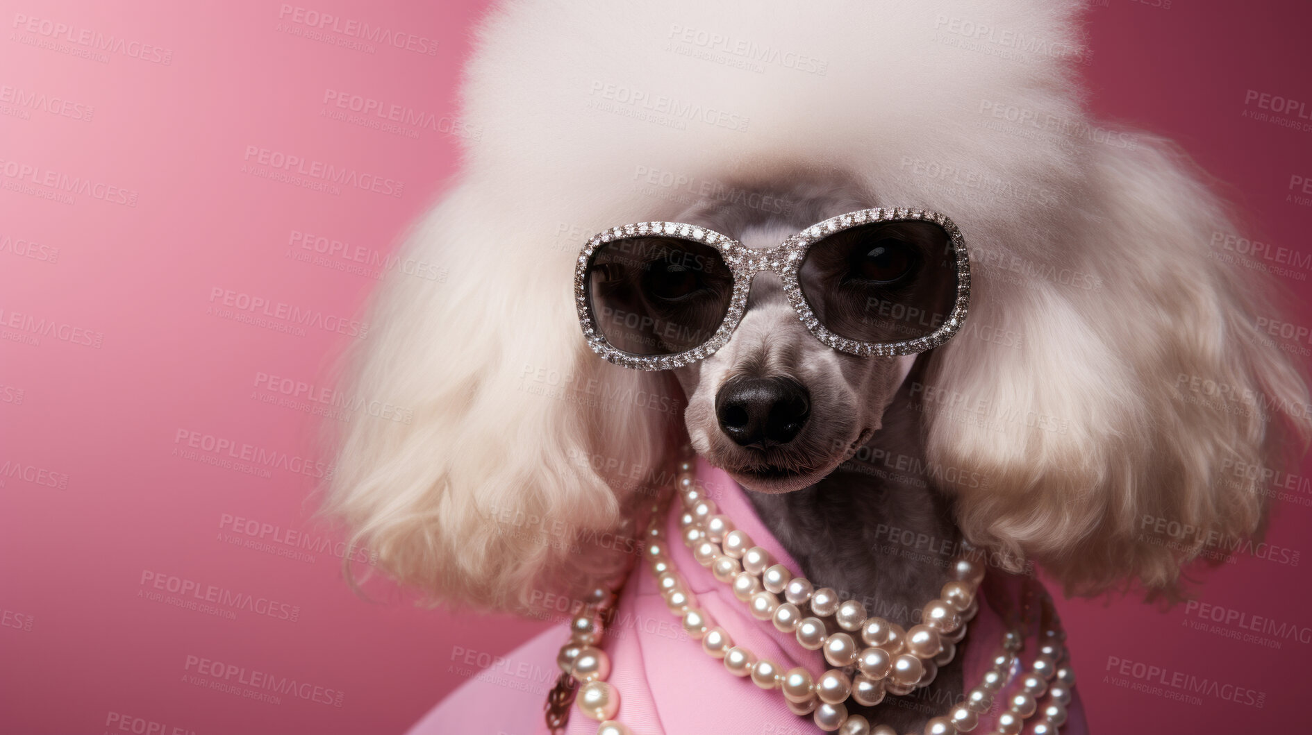 Buy stock photo Portrait of a poodle wearing accessories. Groomed dog posing against pink background