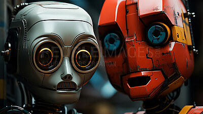 Buy stock photo Portrait of vintage robots with  real expressions. Human connection interest.