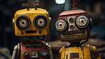 Portrait of vintage robots with  real expressions. Human connection interest.