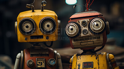 Portrait of vintage robots with real expressions. Human connection interest.