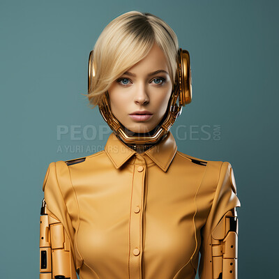 Buy stock photo ai feminine humanoid model. Editorial fashion posing against green backdrop.