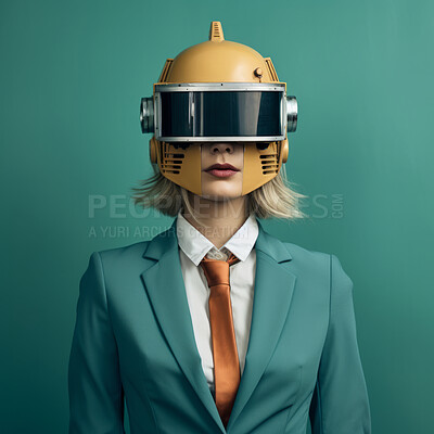 Buy stock photo Ai feminine humanoid model. Editorial fashion posing against green backdrop.