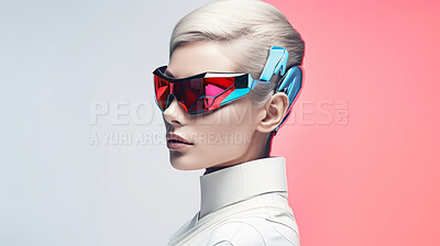Buy stock photo Ai feminine humanoid model. Editorial fashion posing against red backdrop.