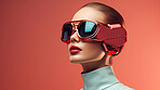 Ai feminine humanoid model. Editorial fashion posing against red backdrop.