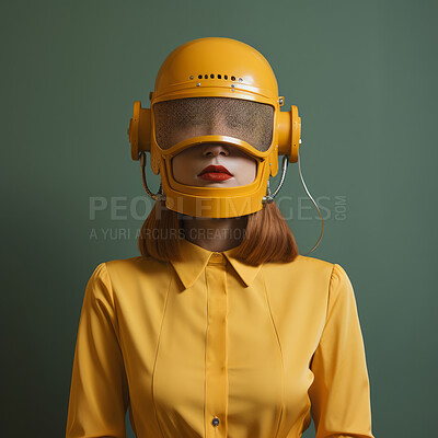 Buy stock photo ai feminine humanoid model. Editorial fashion posing against green backdrop.