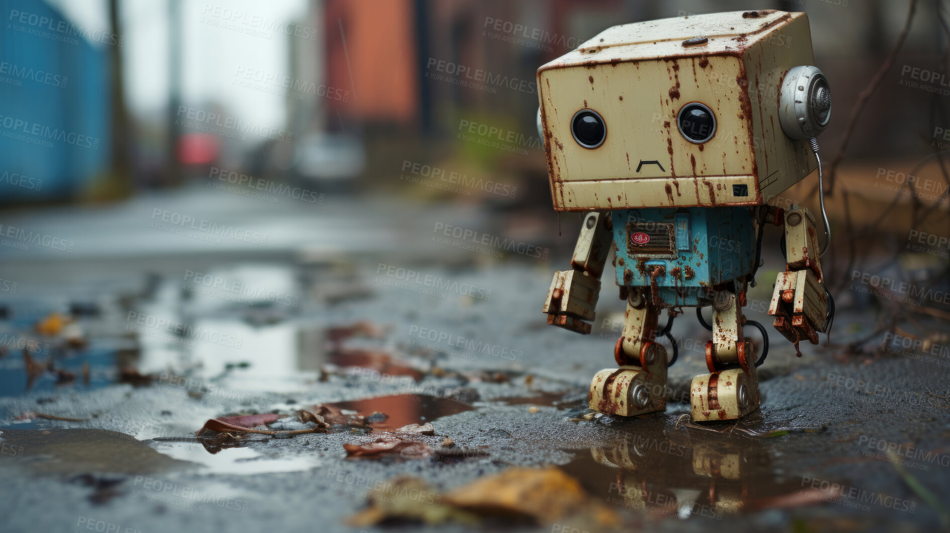 Buy stock photo Portrait of rusty vintage robot in street. Photo-realistic urban scenes.
