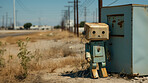 Portrait of rusty vintage robot on field. Photo-realistic urban scenes.