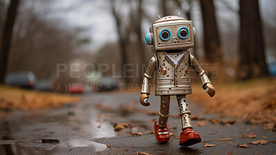 Portrait of rusty vintage robot walking in street. Photo-realistic urban scenes.