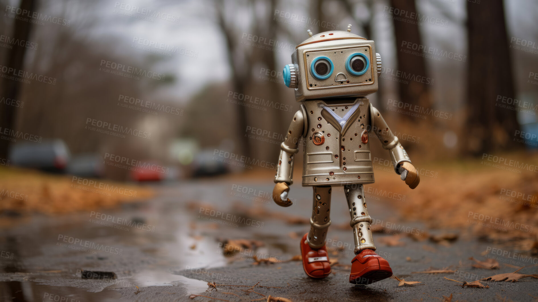 Buy stock photo Portrait of rusty vintage robot walking in street. Photo-realistic urban scenes.