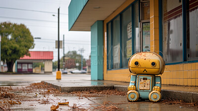 Buy stock photo Portrait of rusty vintage robot walking in street. Photo-realistic urban scenes.