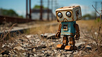 Portrait of vintage robot near railway. Photo-realistic urban scenes.