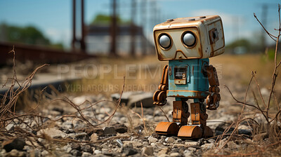 Buy stock photo Portrait of vintage robot near railway. Photo-realistic urban scenes.
