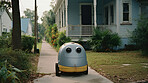 Portrait of vintage robot in suburbs. Domestic cute and quirky, playful.