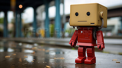 Buy stock photo Portrait of vintage robot in street. Photo-realistic urban scenes.