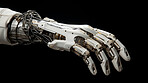 Robot mechanical arm or hand on black background. Futuristic cyborg concept.
