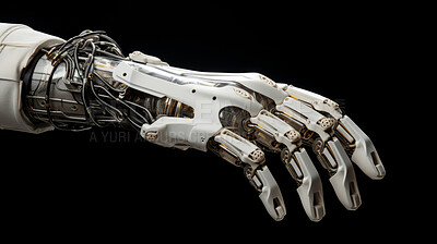 Buy stock photo Robot mechanical arm or hand on black background. Futuristic cyborg concept.