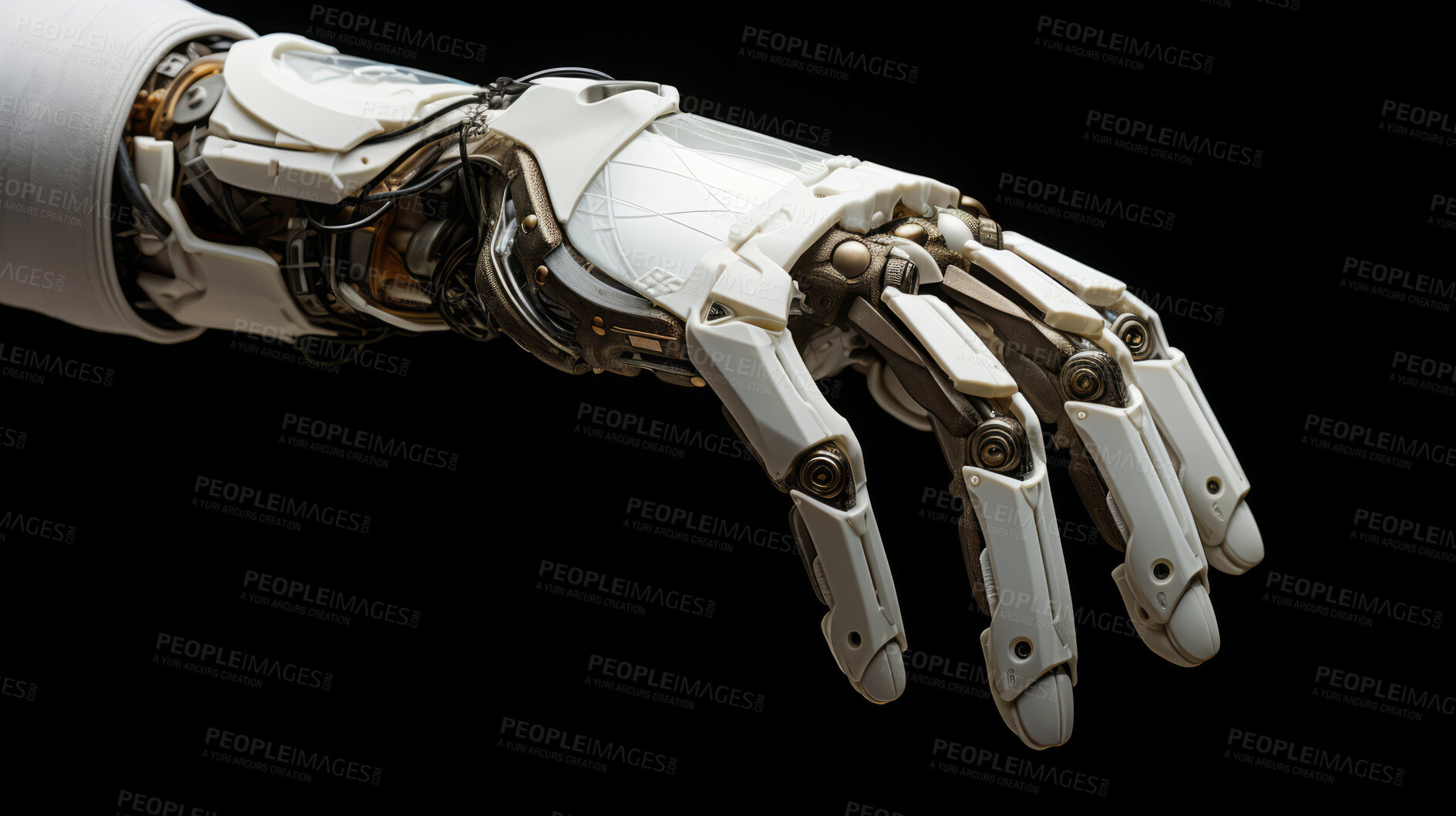 Buy stock photo Robot mechanical arm or hand on black background. Futuristic cyborg concept.