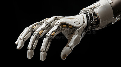 Buy stock photo Robot mechanical arm or hand on black background. Futuristic cyborg concept.