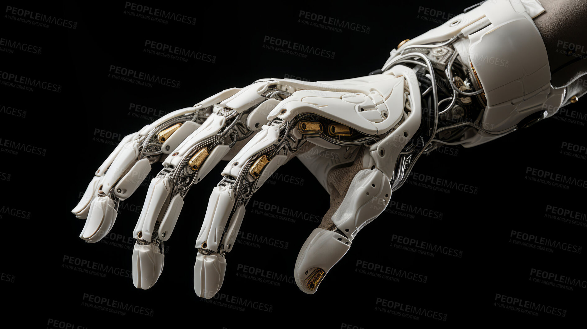 Buy stock photo Robot mechanical arm or hand on black background. Futuristic cyborg concept.