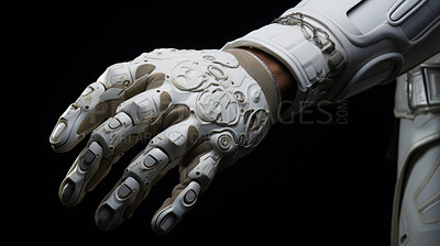 Buy stock photo Robot mechanical arm or hand on black background. Futuristic cyborg concept.