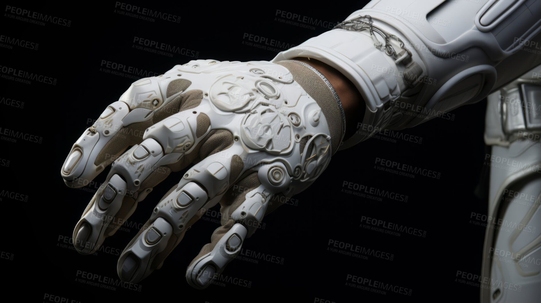 Buy stock photo Robot mechanical arm or hand on black background. Futuristic cyborg concept.