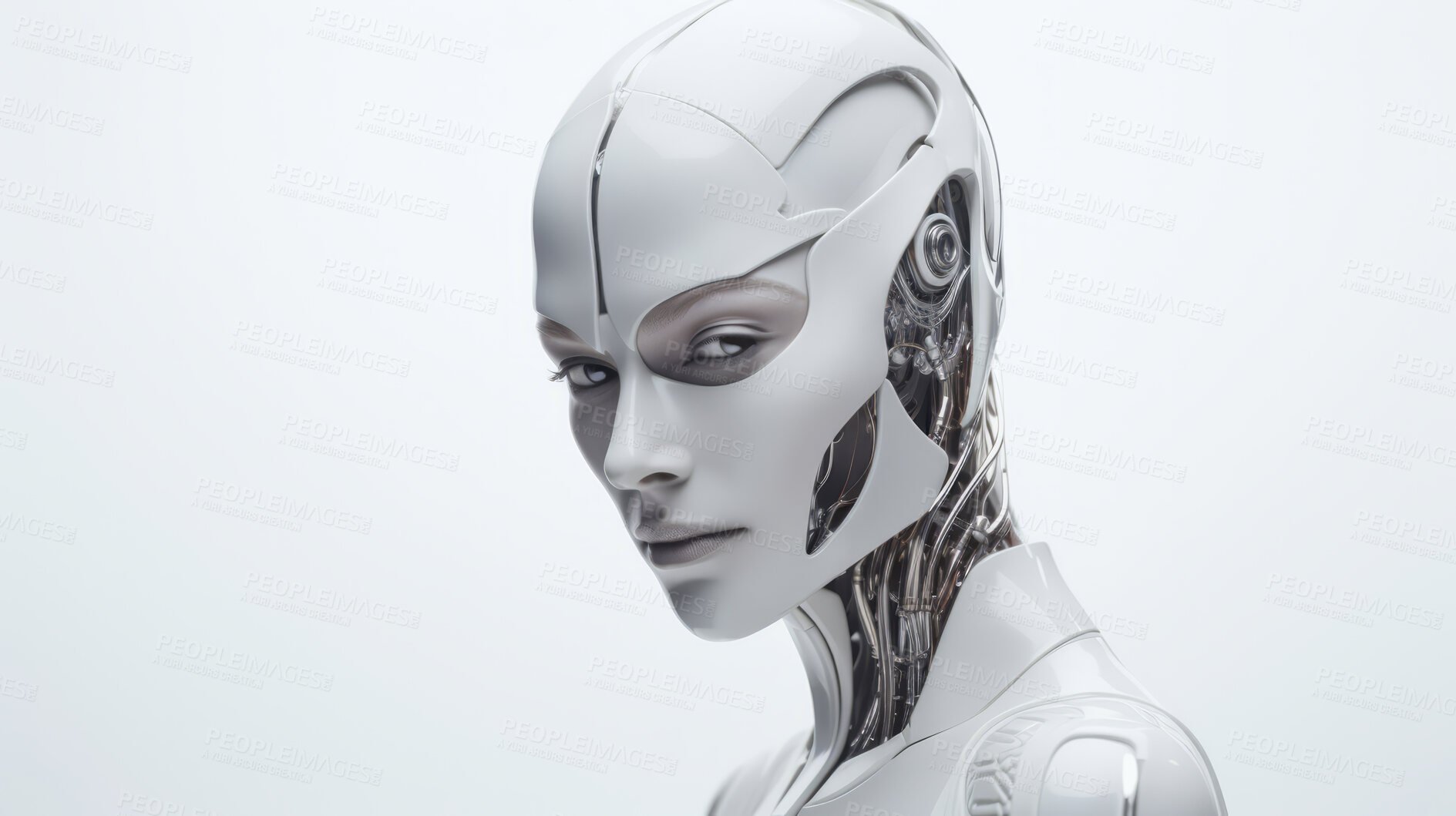 Buy stock photo Futuristic female robot, android portrait. Human like features. On white backdrop.